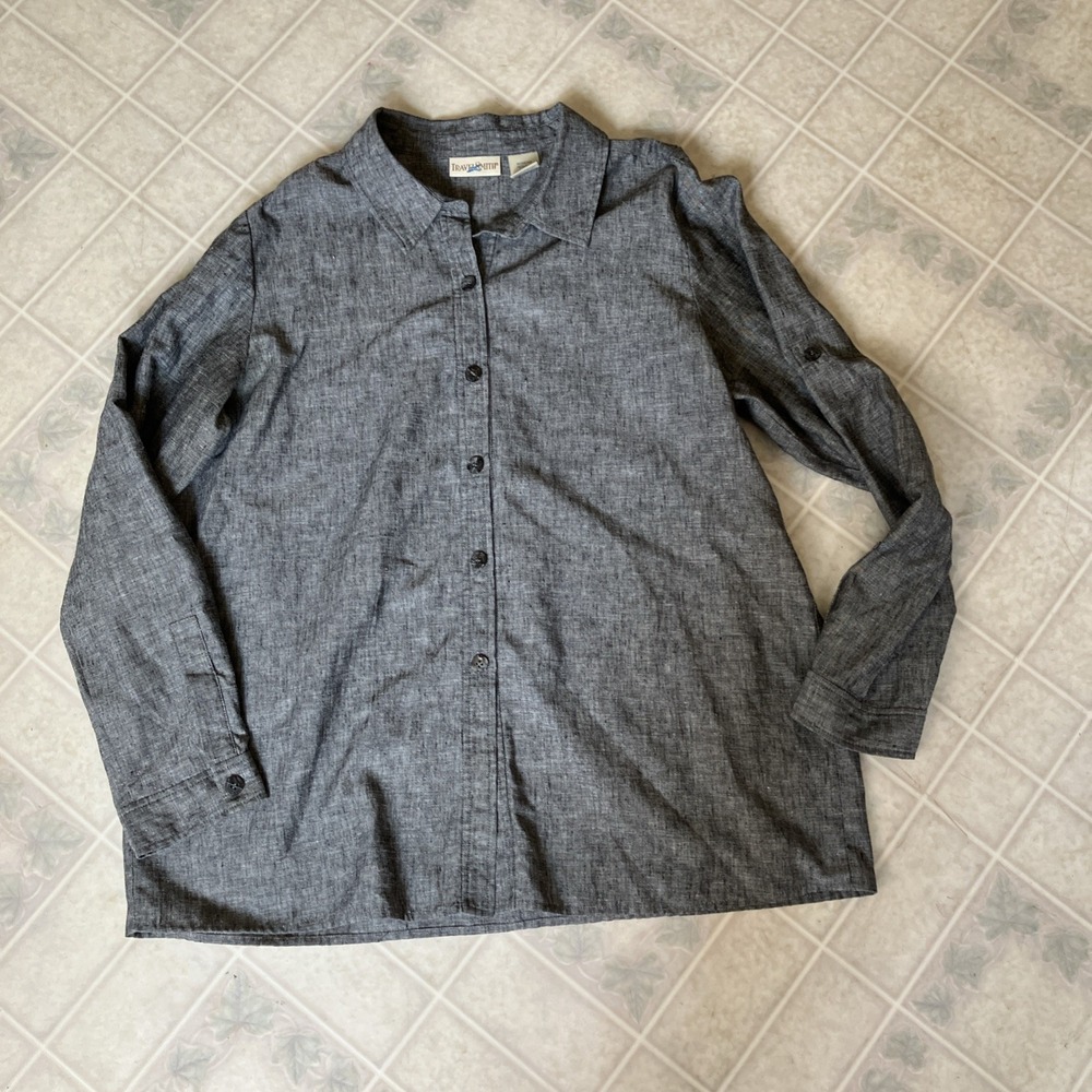 Travel Smith Large Gray Roll Tab Linen Button Down Shirt Euro Summer Lagenlook